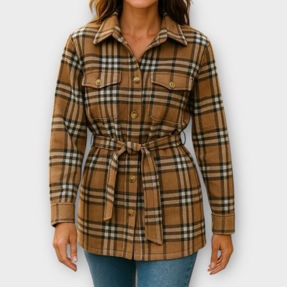 kori america plaid shirt jacket shacket belted coat Size M - Picture 1 of 7